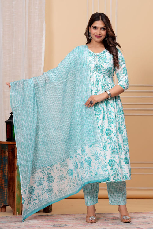 Aliya Cut Paardini Women’s Turquoise Floral Printed Rayon Kurta Set with Cotton Dupatta