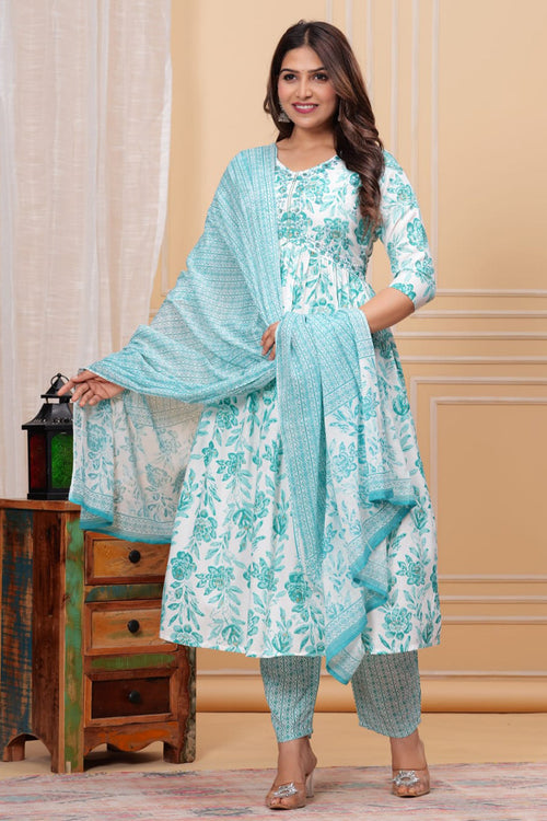 Aliya Cut Paardini Women’s Turquoise Floral Printed Rayon Kurta Set with Cotton Dupatta