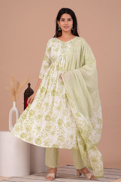 Aliya Cut Pista Green Floral Printed Rayon Kurta Set with Cotton Dupatta