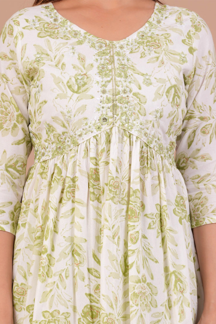 Aliya Cut Pista Green Floral Printed Rayon Kurta Set with Cotton Dupatta