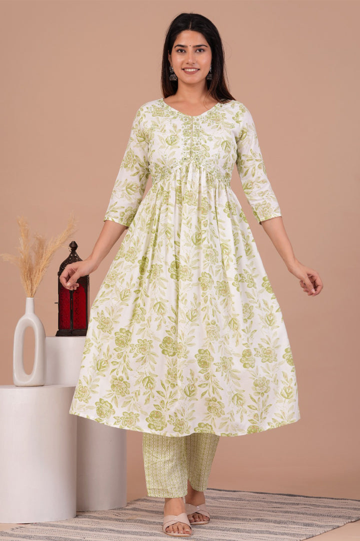 Aliya Cut Pista Green Floral Printed Rayon Kurta Set with Cotton Dupatta