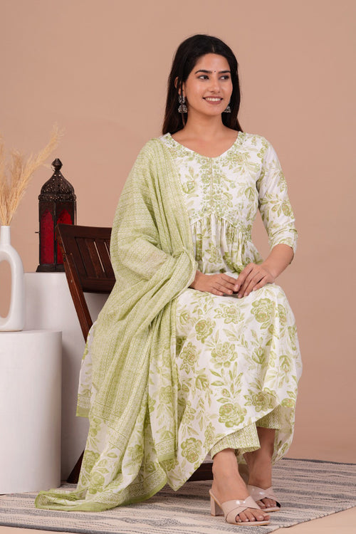 Aliya Cut Pista Green Floral Printed Rayon Kurta Set with Cotton Dupatta