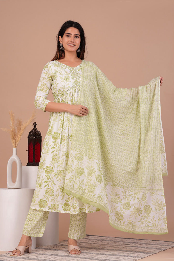 Aliya Cut Pista Green Floral Printed Rayon Kurta Set with Cotton Dupatta