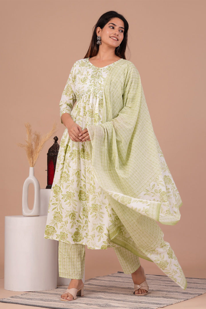 Aliya Cut Pista Green Floral Printed Rayon Kurta Set with Cotton Dupatta