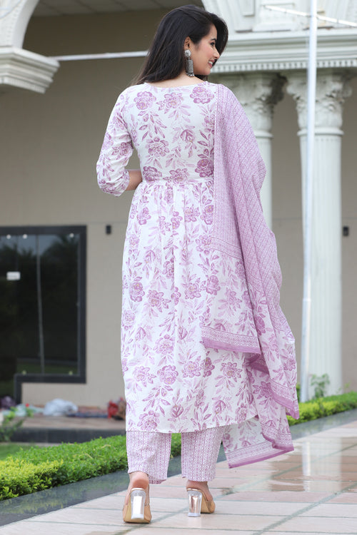 Aliya Cut Lavender Floral Printed Rayon Kurta Set with Cotton Dupatta