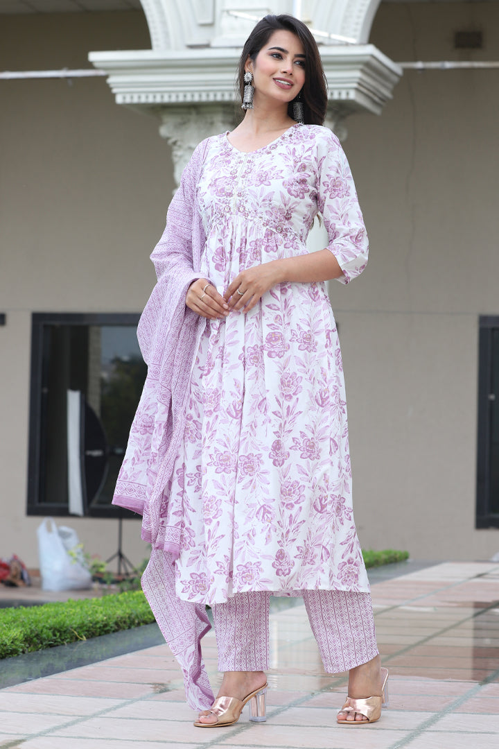 Aliya Cut Lavender Floral Printed Rayon Kurta Set with Cotton Dupatta