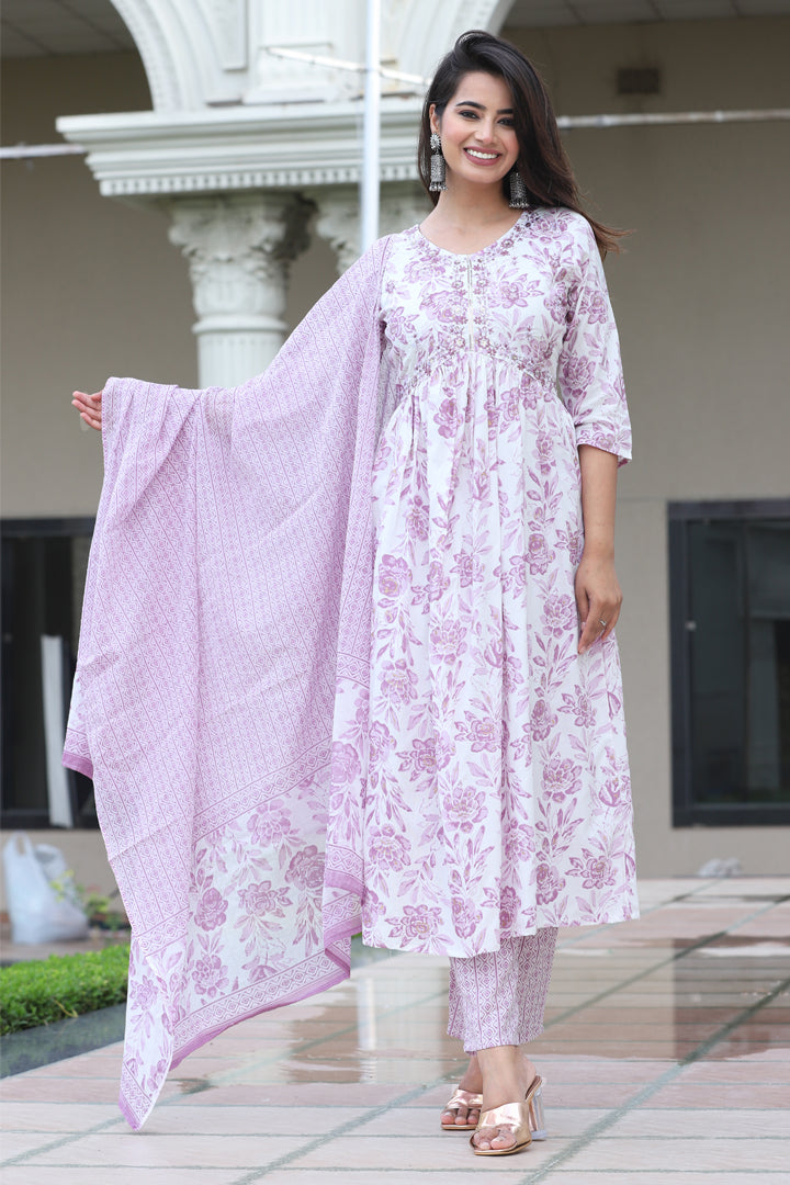 Aliya Cut Lavender Floral Printed Rayon Kurta Set with Cotton Dupatta
