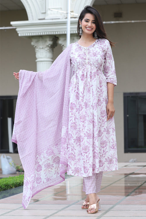 Aliya Cut Lavender Floral Printed Rayon Kurta Set with Cotton Dupatta