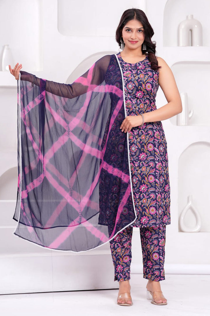 Women’s Navy Blue Purple Sleeveless Floral Printed Kurta with Pant & Dupatta Set