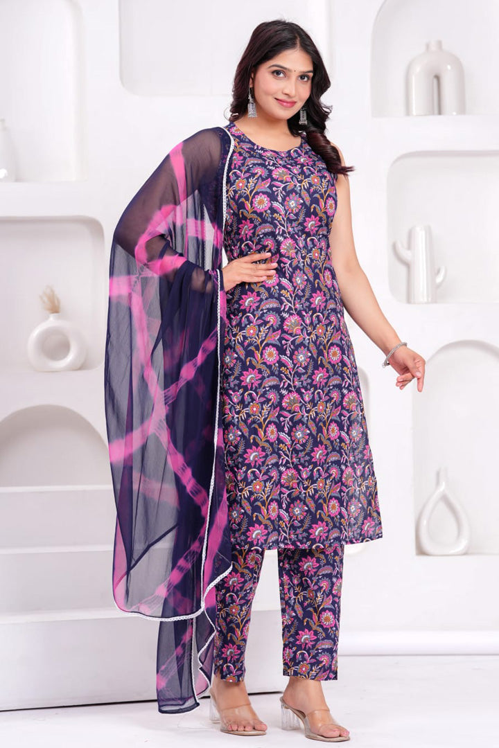 Women’s Navy Blue Purple Sleeveless Floral Printed Kurta with Pant & Dupatta Set
