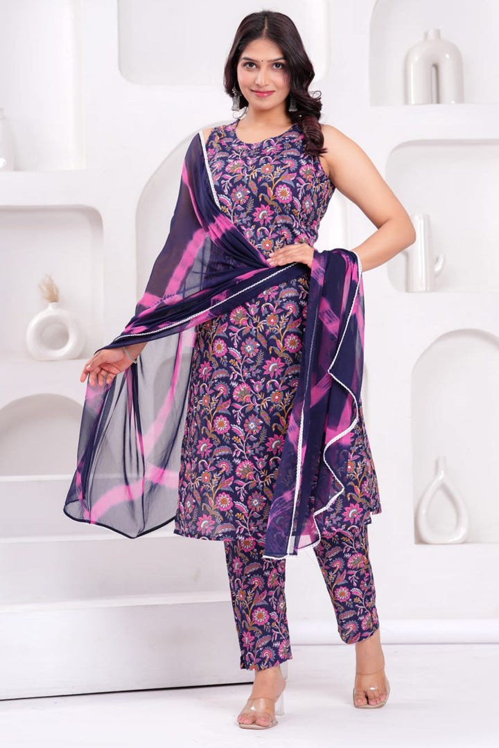 Women’s Navy Blue Purple Sleeveless Floral Printed Kurta with Pant & Dupatta Set
