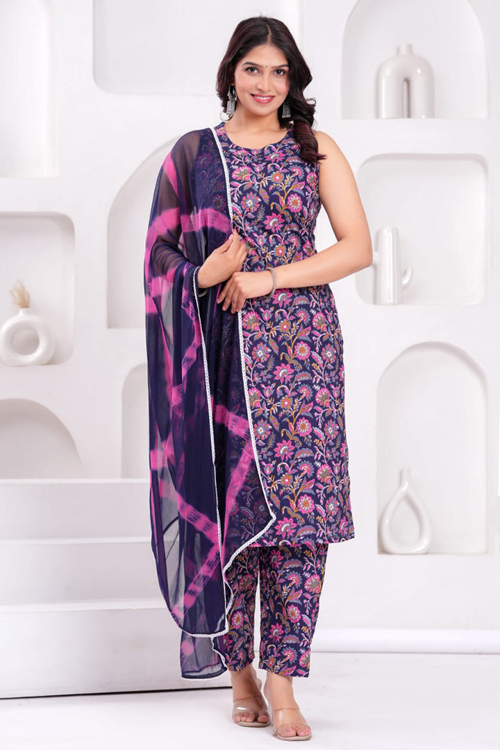 Women’s Navy Blue Purple Sleeveless Floral Printed Kurta with Pant & Dupatta Set