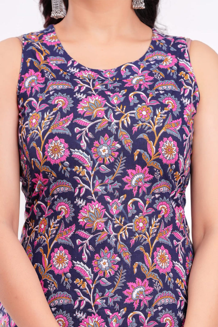 Women’s Navy Blue Purple Sleeveless Floral Printed Kurta with Pant & Dupatta Set