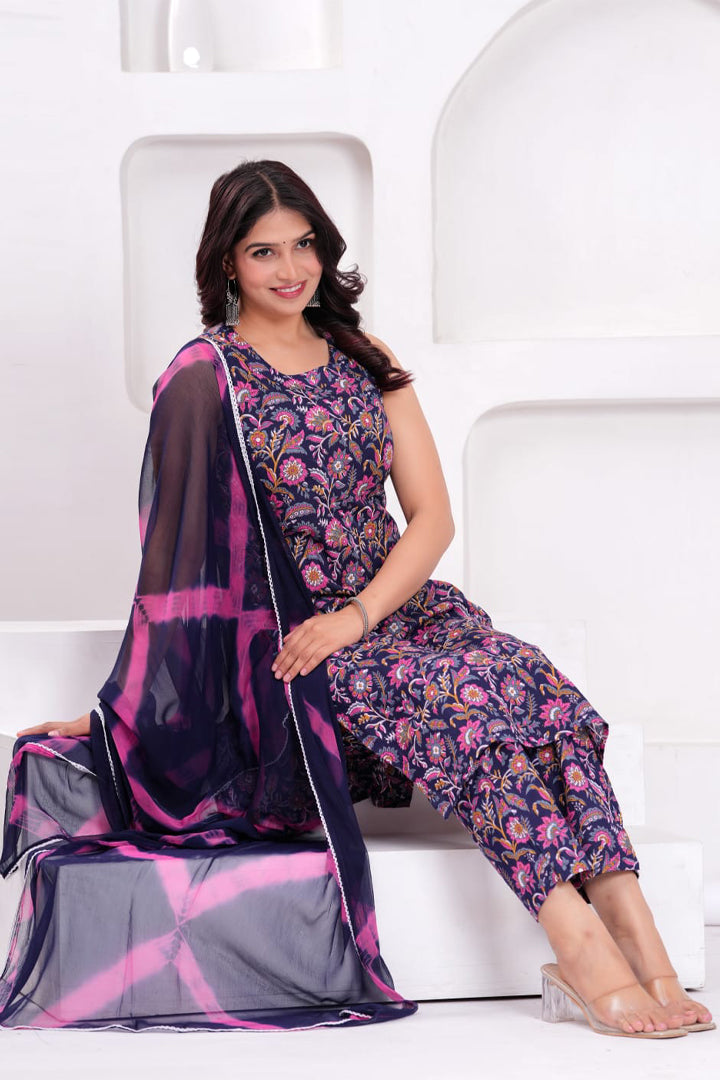 Women’s Navy Blue Purple Sleeveless Floral Printed Kurta with Pant & Dupatta Set