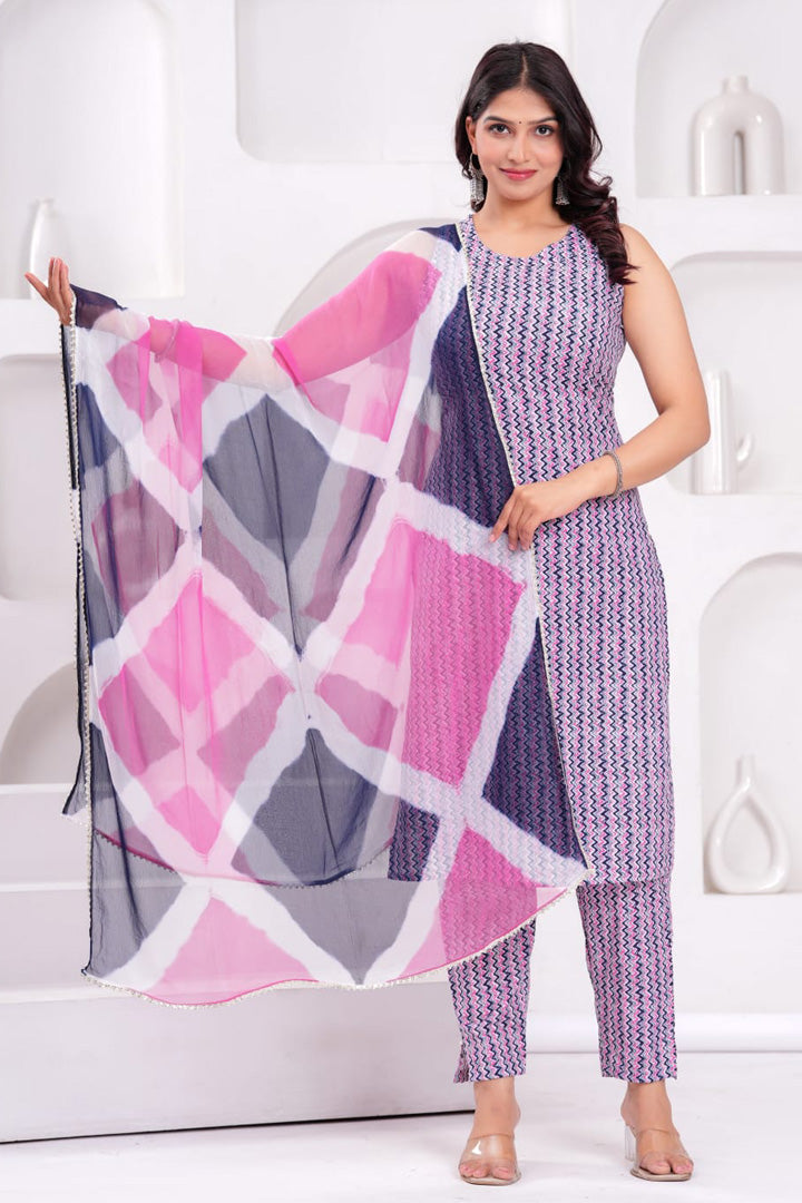 Women’s Sleeveless Geometric Printed Kurta Pant Set with Dupatta