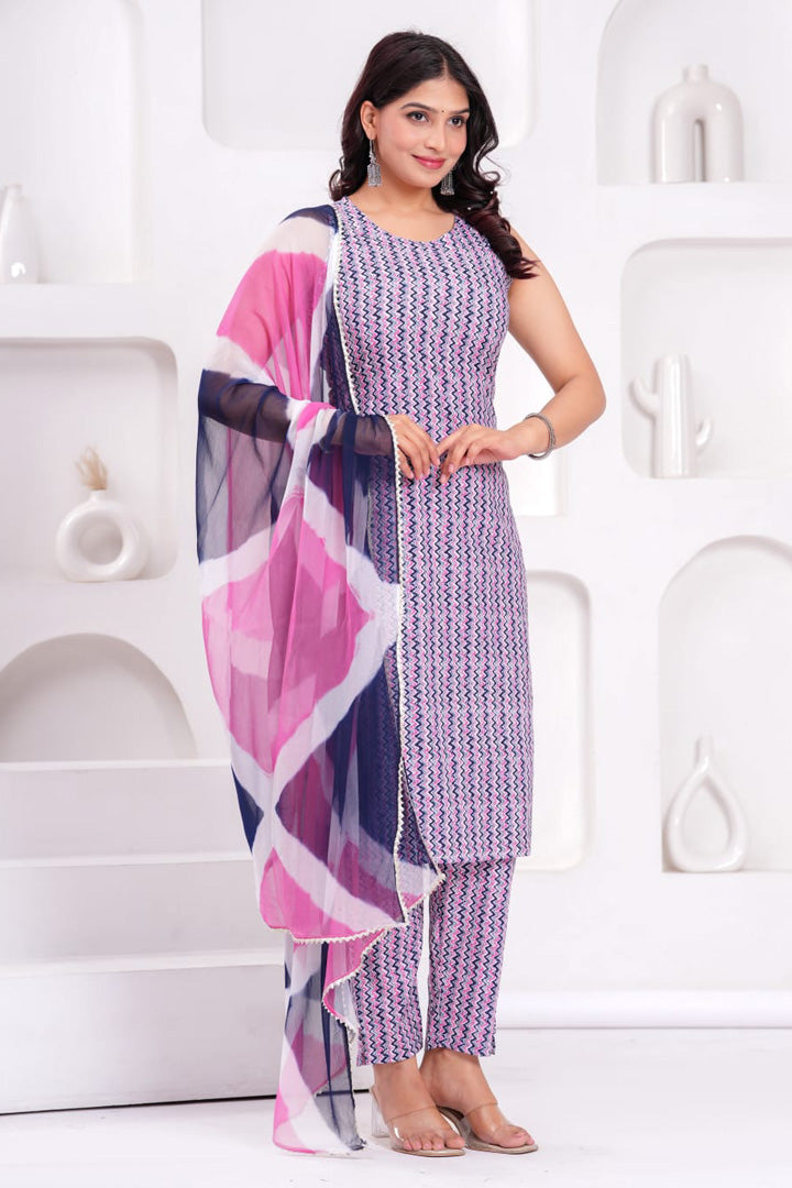 Women’s Sleeveless Geometric Printed Kurta Pant Set with Dupatta