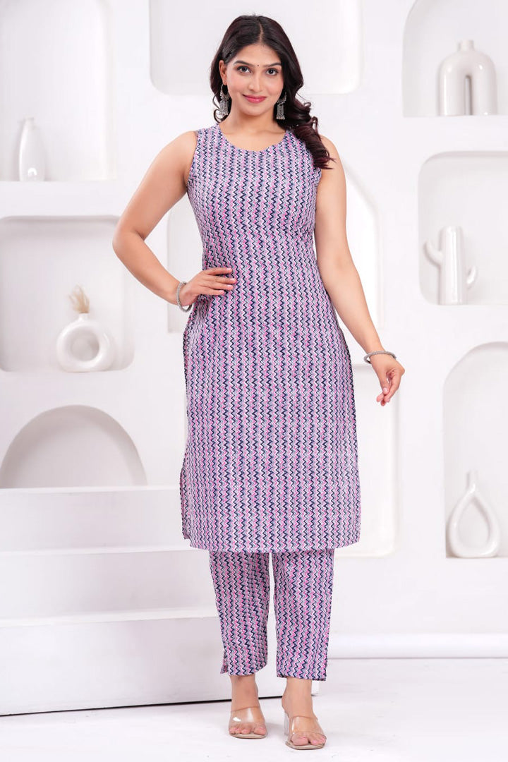 Women’s Sleeveless Geometric Printed Kurta Pant Set with Dupatta