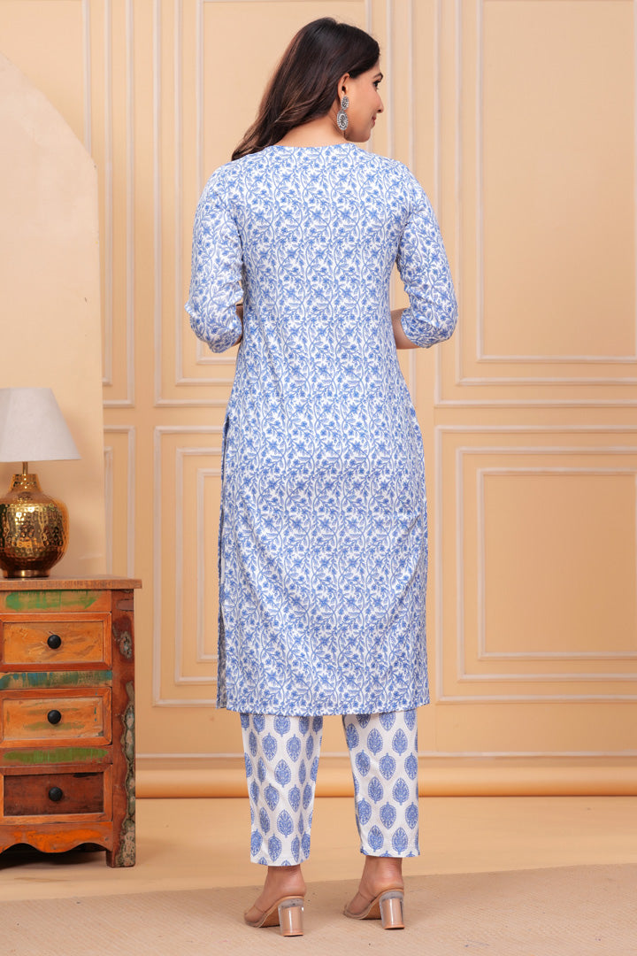 Azure Bloom Cotton Kurta Set with Dupatta