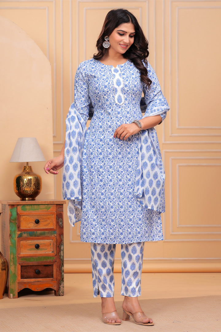 Azure Bloom Cotton Kurta Set with Dupatta