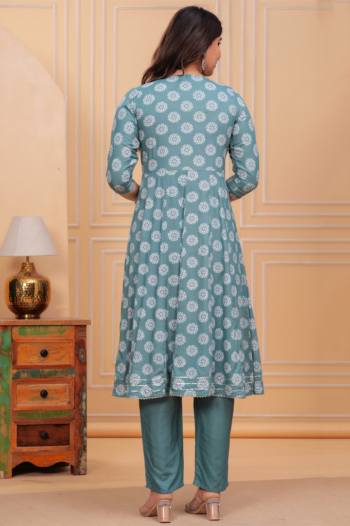 Elegant Blue Printed Rayon Kurta Set with Chiffon Dupatta