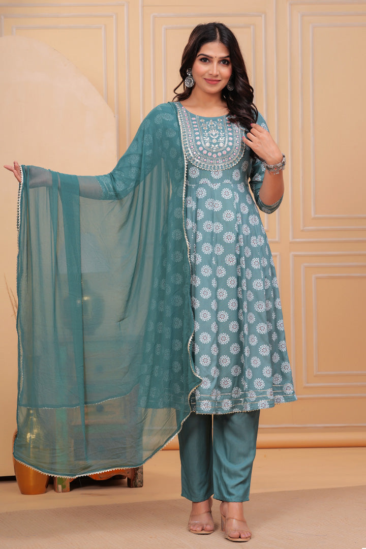 Elegant Blue Printed Rayon Kurta Set with Chiffon Dupatta
