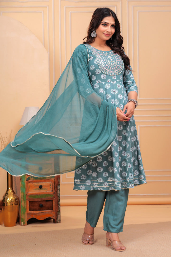 Elegant Blue Printed Rayon Kurta Set with Chiffon Dupatta