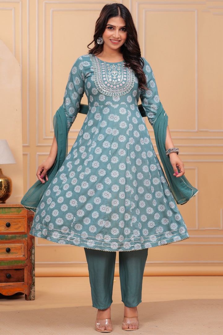 Elegant Blue Printed Rayon Kurta Set with Chiffon Dupatta