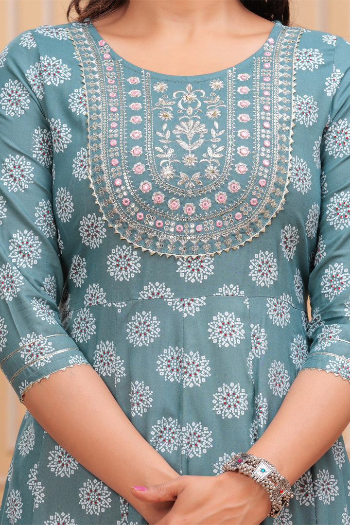 Elegant Blue Printed Rayon Kurta Set with Chiffon Dupatta