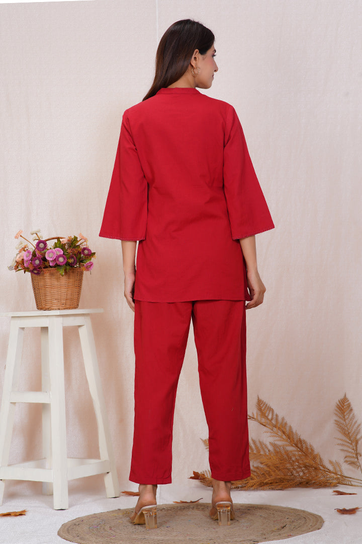 Maroon Floral Embroidered Co-ord Set – Cotton