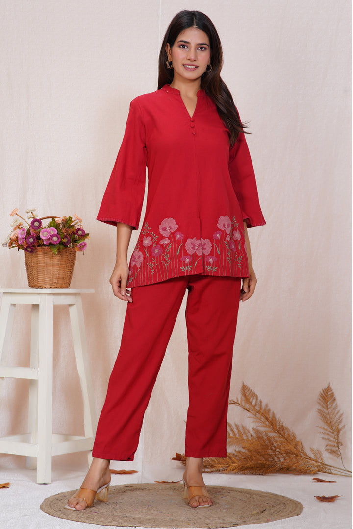 Maroon Floral Embroidered Co-ord Set – Cotton