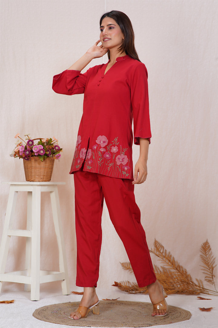 Maroon Floral Embroidered Co-ord Set – Cotton