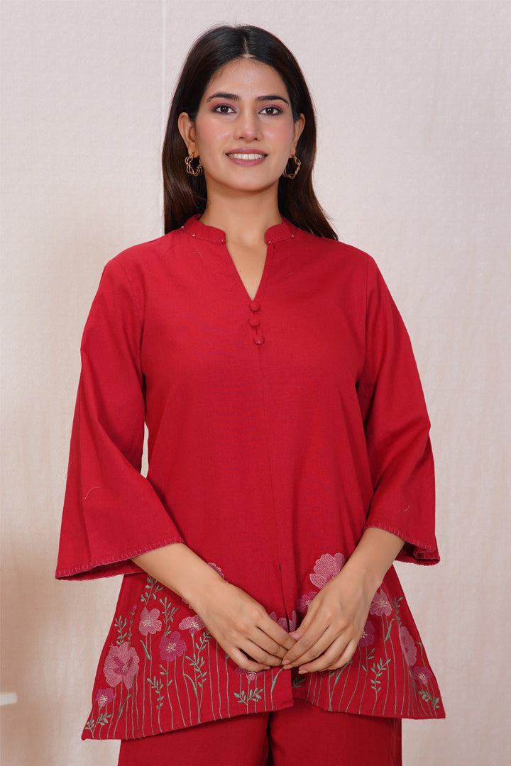 Maroon Floral Embroidered Co-ord Set – Cotton