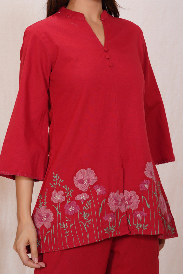 Maroon Floral Embroidered Co-ord Set – Cotton