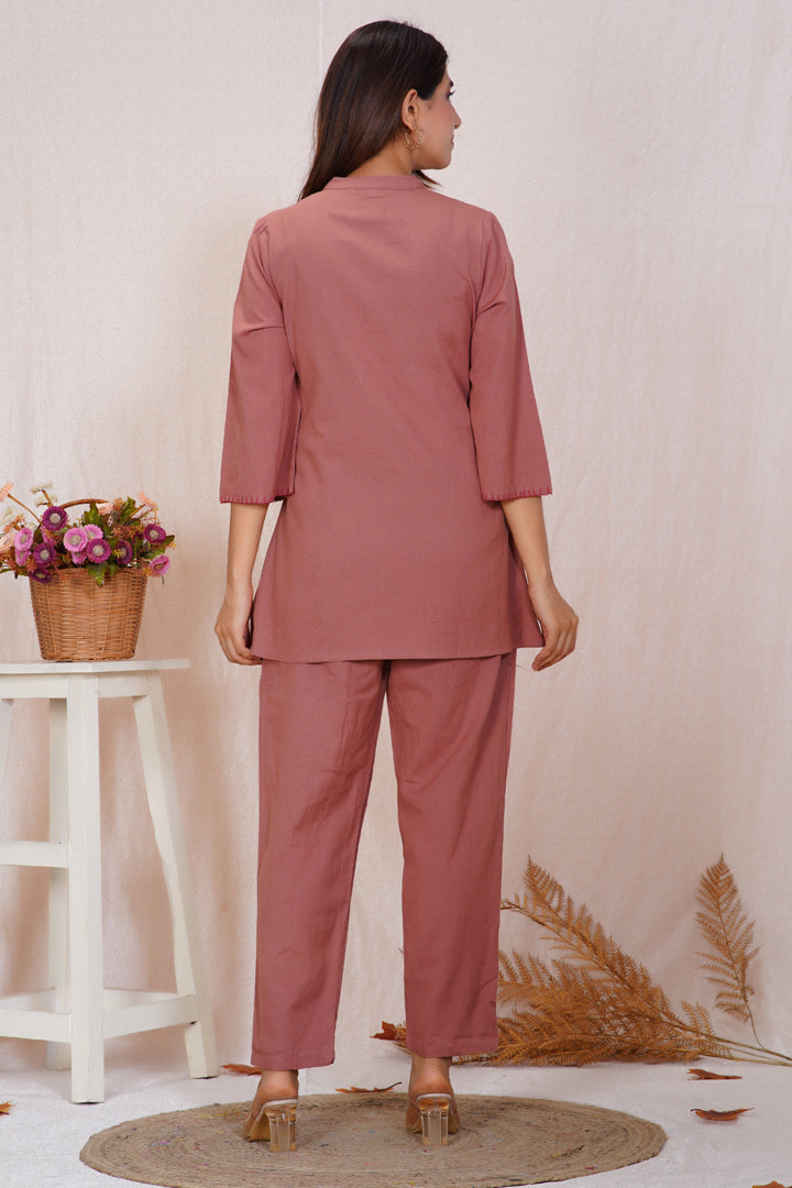 Dusty Rose Embroidered Cotton Co-ord Set