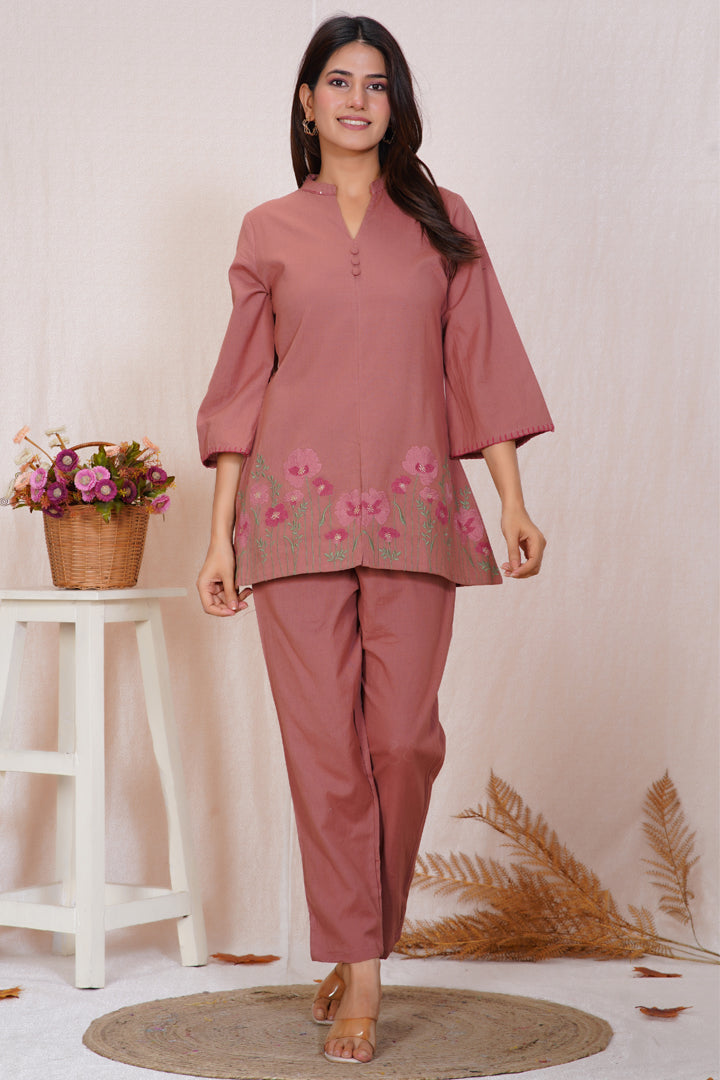 Dusty Rose Embroidered Cotton Co-ord Set