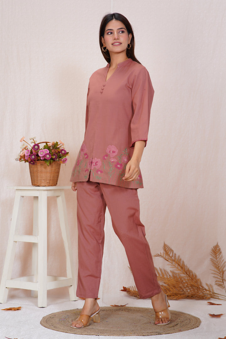 Dusty Rose Embroidered Cotton Co-ord Set