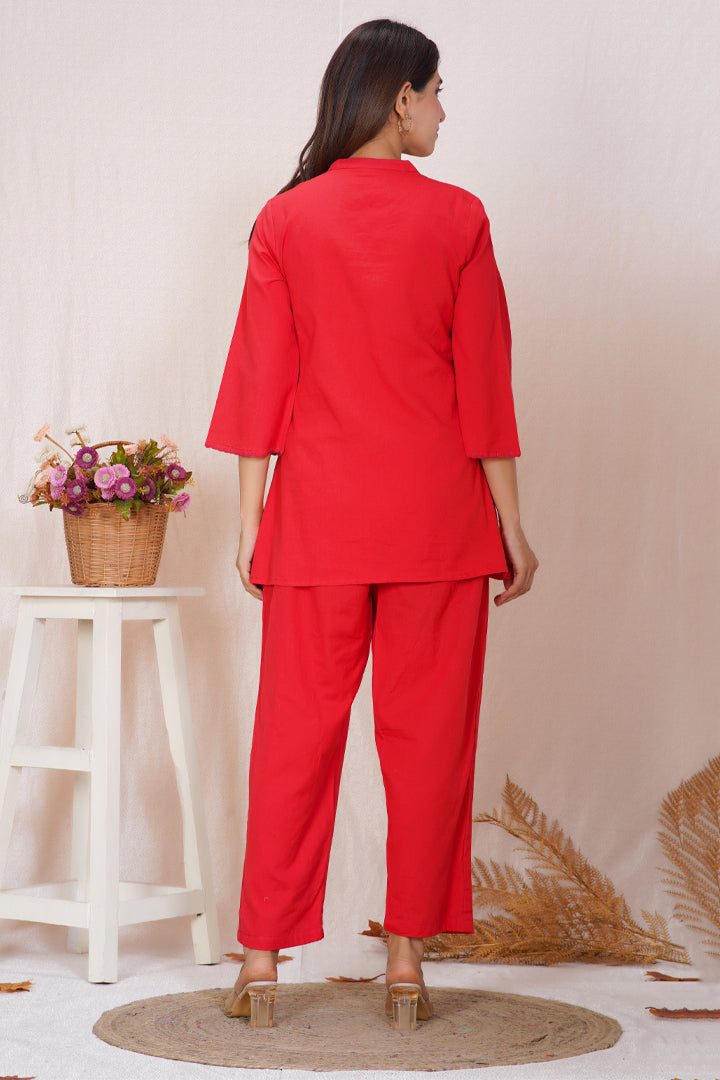 Crimson Red Floral Embroidered Co-ord Set
