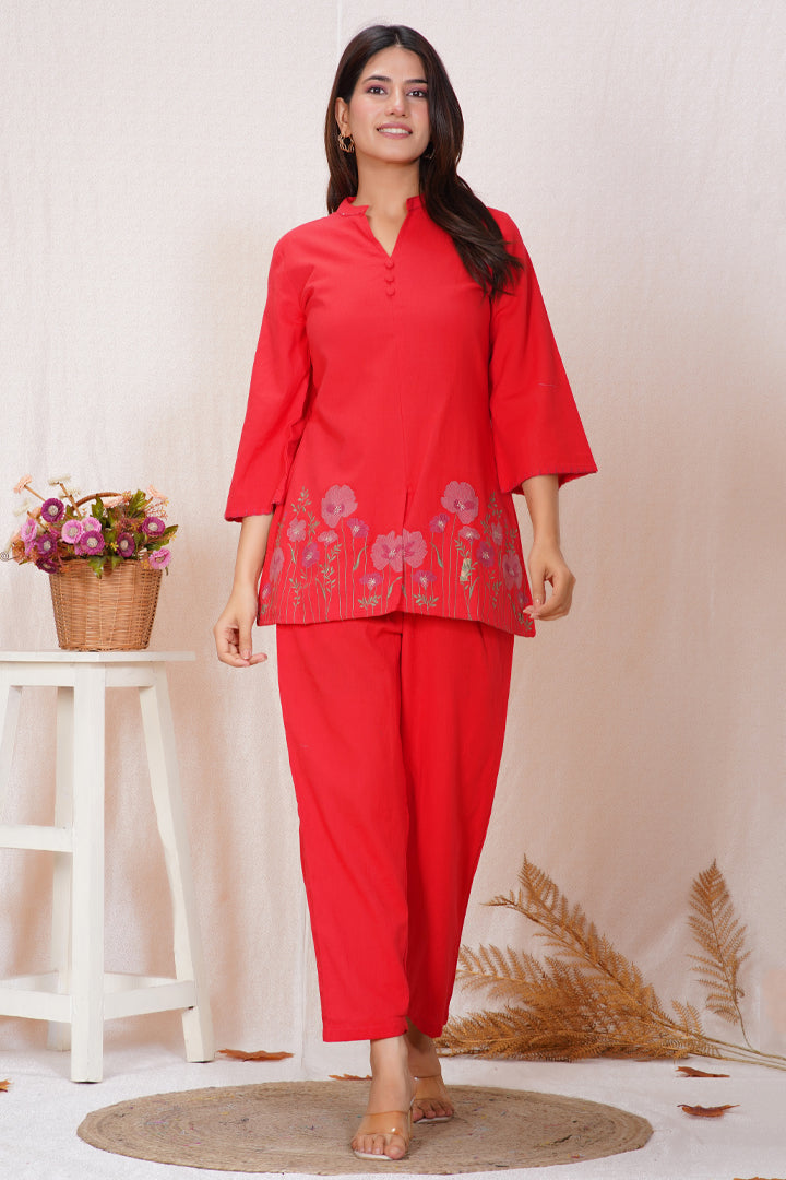 Crimson Red Floral Embroidered Co-ord Set