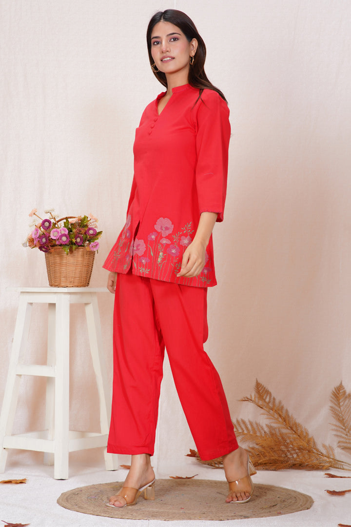 Crimson Red Floral Embroidered Co-ord Set