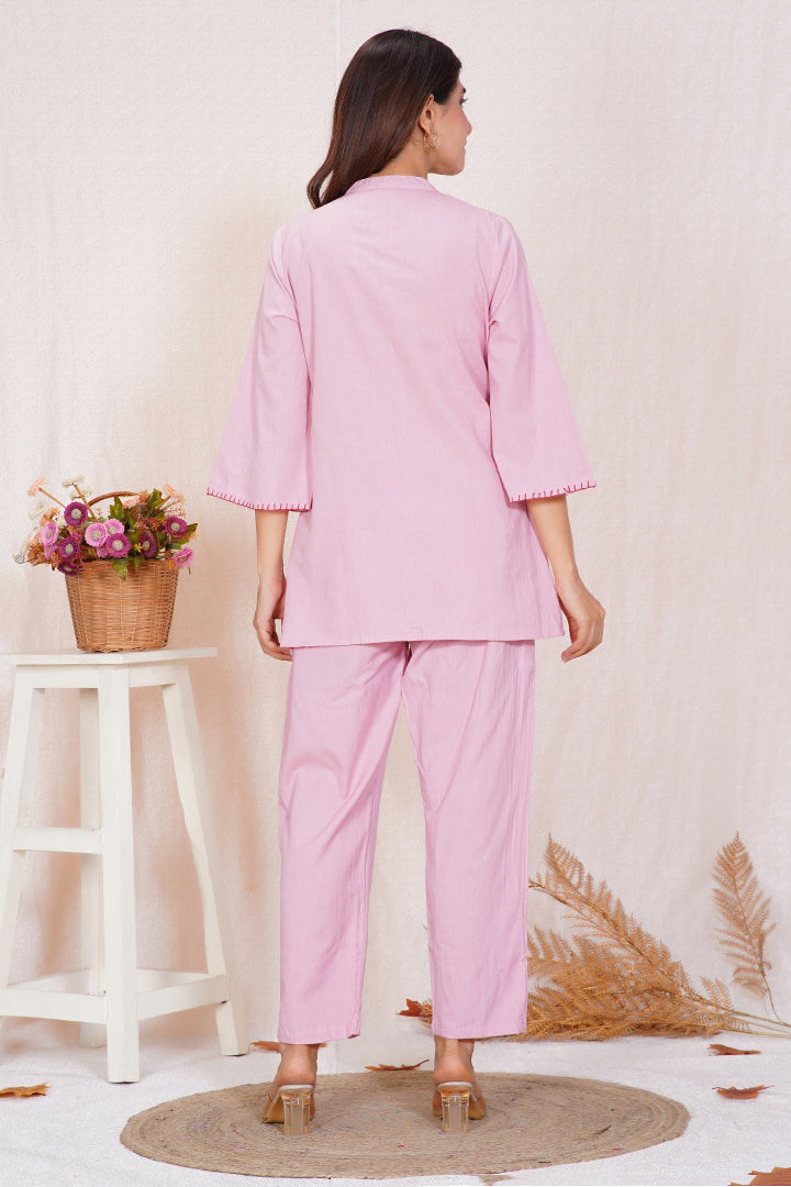 Blush Pink Floral Embroidered Cotton Co-ord Set