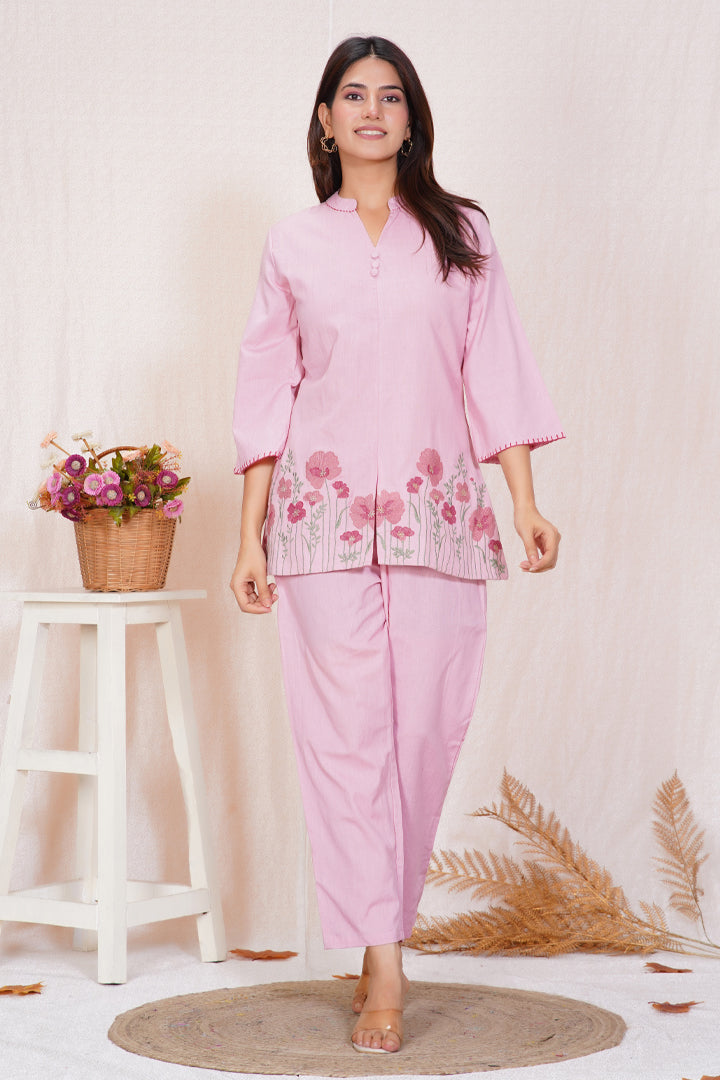 Blush Pink Floral Embroidered Cotton Co-ord Set