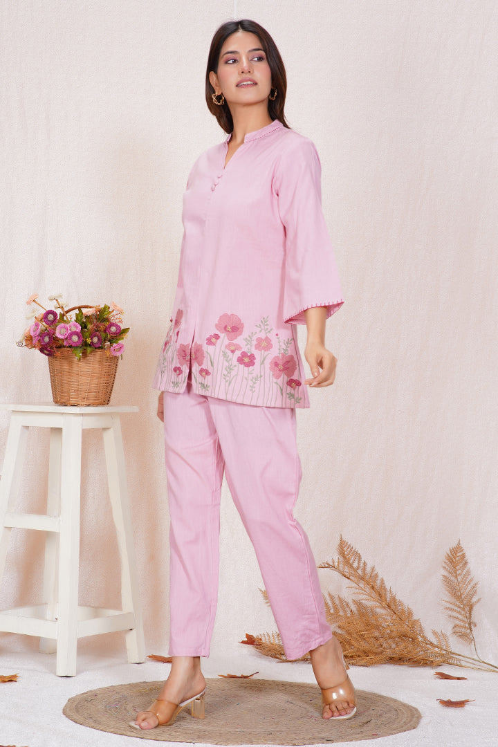 Blush Pink Floral Embroidered Cotton Co-ord Set