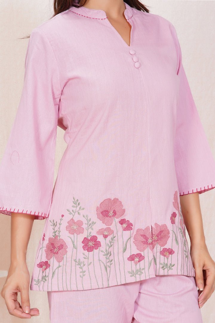 Blush Pink Floral Embroidered Cotton Co-ord Set