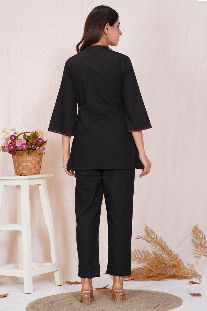 Black Floral Embroidered Cotton Co-ord Set