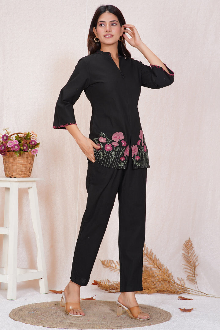 Black Floral Embroidered Cotton Co-ord Set
