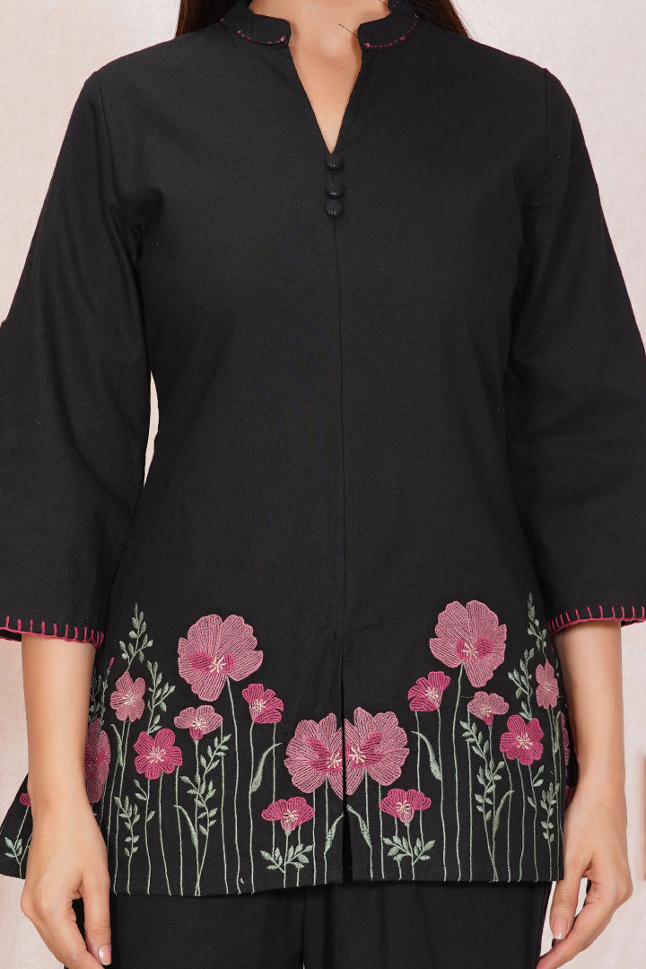 Black Floral Embroidered Cotton Co-ord Set