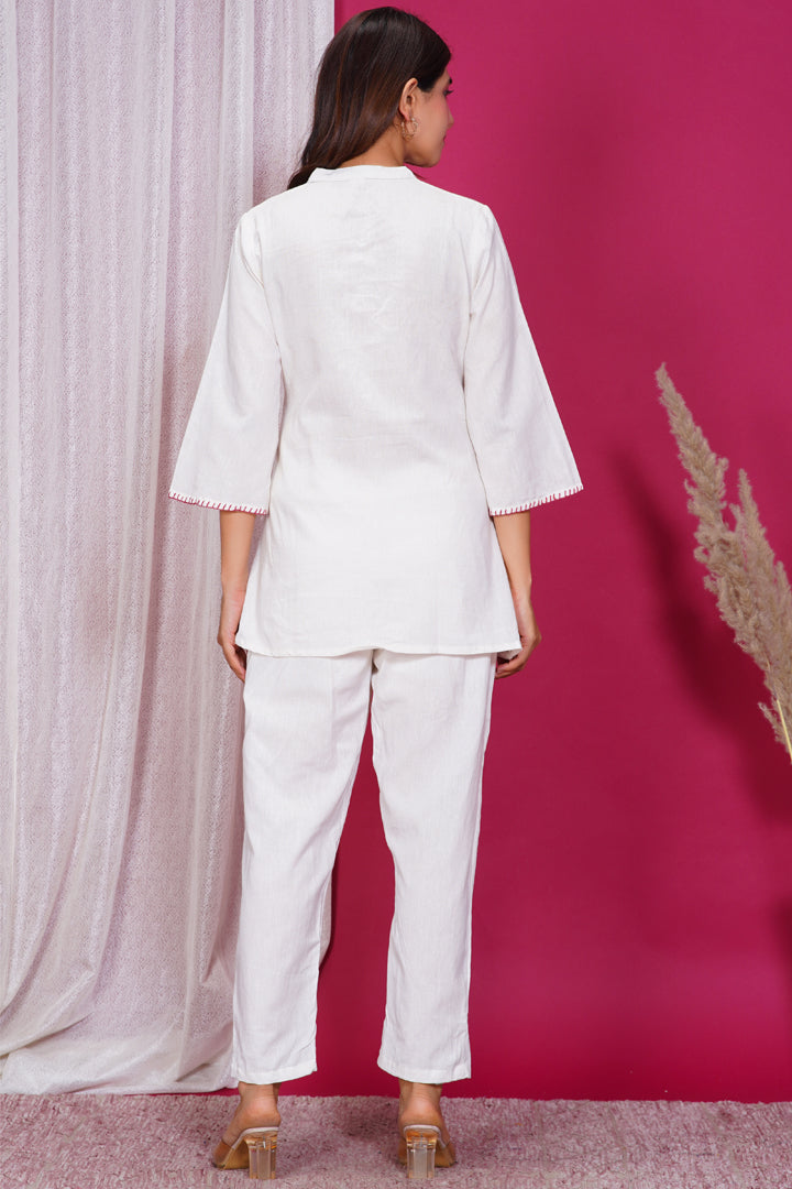 Ivory White Floral Embroidered Cotton Co-ord Set