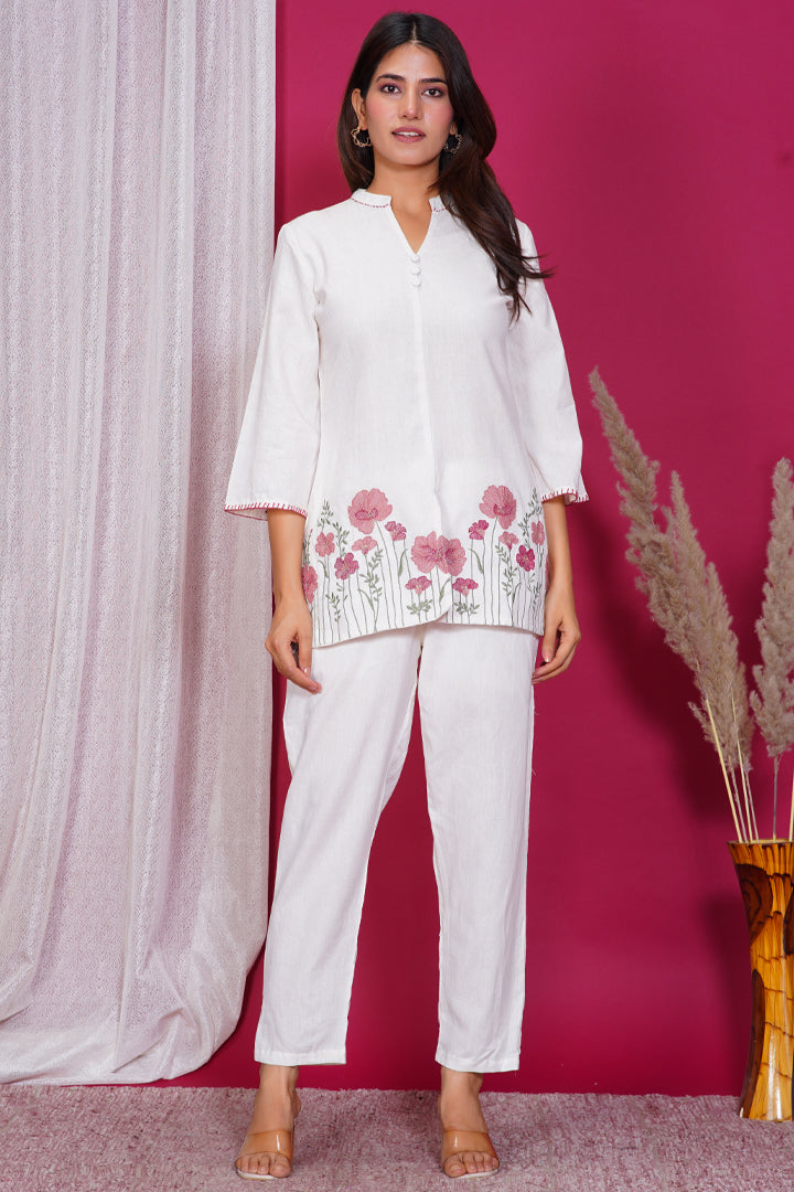 Ivory White Floral Embroidered Cotton Co-ord Set