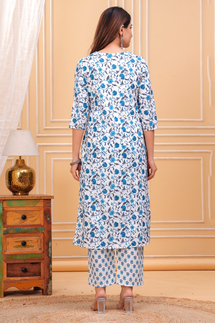Blue & White Cotton Floral Printed Kurta with Pant & Dupatta Set