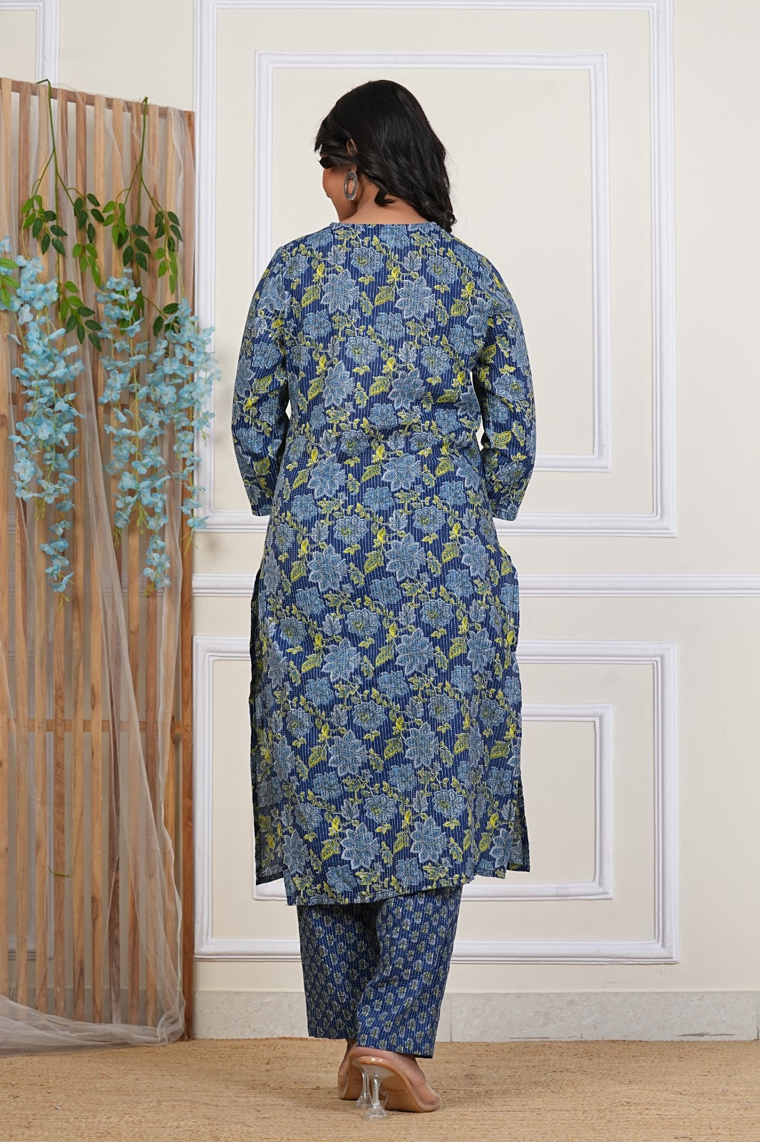 Indigo Bloom Blue Cotton Katha Kurta Set with All-Over Floral Print